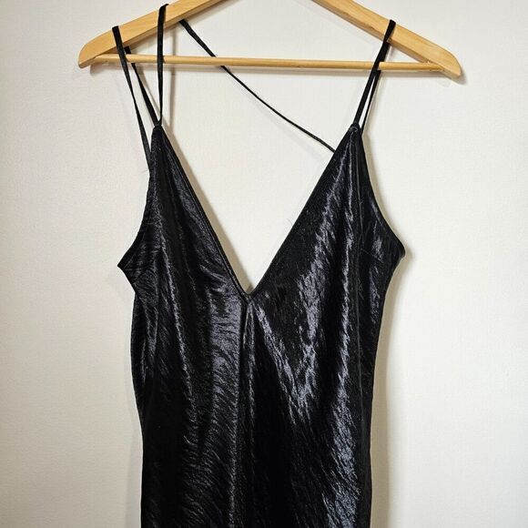 EUC EXPRESS BLACK SATIN FEEL DEEP V NECK SPAGHETTI STRAP MIDI DRESS SIZE 14 - Picture 2 of 14